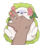 1:1 ambiguous_feral ambiguous_gender ambiguous_human asphyxiation buriguai cel_shading cross-popping_vein digital_drawing_(artwork) digital_media_(artwork) duo feet feral feral_focus finger_in_mouth flower_(anatomy) front_view fur generation_4_pokemon green_body green_eyes green_fur hindpaw human humanoid_hands land_forme_shaymin larger_ambiguous larger_human legendary_pokemon looking_at_viewer mammal mostly_offscreen_ambiguous mostly_offscreen_character mostly_offscreen_human multicolored_body multicolored_fur nintendo one_eye_closed paws pokemon pokemon_(species) quadruped shaded shaymin simple_background size_difference smaller_ambiguous smaller_feral solo_focus two_tone_body two_tone_fur white_background white_body white_fur