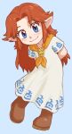  1girl :3 absurdres arms_behind_back beachepisode blue_background blue_eyes boots brown_boots brown_hair child dress freckles full_body highres long_hair looking_at_viewer malon neckerchief pointy_ears print_dress simple_background smile solo the_legend_of_zelda the_legend_of_zelda:_ocarina_of_time white_dress yellow_neckerchief young_malon 