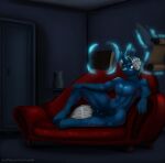 absurd_res anthro book curved_horn dark_room equid equine hasbro hi_res horn loose_feather male mammal my_little_pony mythological_creature mythological_equine mythology night nude quill relaxing ruanshi scroll solo telekinesis text unicorn url writing_utensil