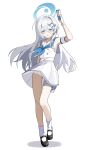  1girl absurdres alternate_costume aqua_eyes arm_strap arm_up blue_archive blue_eyes blue_halo blue_neckerchief colored_eyelashes commentary_request dolphin_hair_ornament full_body gun h&amp;k_p11 hair_ornament halo handgun highres holding holding_gun holding_weapon iricci long_hair looking_at_viewer mary_janes miniskirt multicolored_eyes neckerchief one-piece_swimsuit orca_hair_ornament pouch sayuri_(blue_archive) school_uniform serafuku shirt shoes simple_background skirt sleeveless sleeveless_shirt socks solo standing swimsuit swimsuit_under_clothes thigh_pouch thigh_strap two-tone_eyes upskirt weapon white_background white_eyelashes white_hair white_one-piece_swimsuit white_serafuku white_shirt white_skirt white_socks x_hair_ornament 