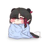  1girl :3 absurdres ahoge black_hair black_horns black_tail blanket blush_stickers braid bunnoshin_inagi closed_mouth colored_inner_hair commentary_request dragon_girl dragon_horns dragon_tail full_body highres horns leets_(trickcal) looking_at_viewer medium_hair multicolored_hair multicolored_horns puff_of_air red_eyes red_hair red_horns red_streaks red_tail simple_background single_braid smile solo streaked_hair tail trickcal two-tone_horns two-tone_tail white_background wrapped_in_blanket 