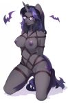 2023 anthro areola arms_tied bat bdsm big_breasts biped black_eyebrows black_hair bondage bound breasts brown_rope colored digital_drawing_(artwork) digital_media_(artwork) equid equine eyebrows eyewear fan_character fedos female feral glasses grey_body grey_breasts grey_ears grey_horn grey_inner_ear grey_legs grey_nose hair hands_tied hasbro hi_res highlights_(coloring) hip_markings horn horse kneeling leg_markings legs_tied looking_at_viewer mammal markings my_little_pony mythological_creature mythological_equine mythology nipples nude nude_anthro nude_female open_mouth open_smile pony purple_areola purple_eyes purple_highlights purple_nipples purple_tail restraints rope rope_bondage rope_harness shadow signature simple_background smile smiling_at_viewer solo tail teeth_showing unicorn unicorn_horn wearing_glasses white_background wings