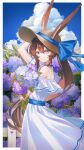  1girl absurdres amiya_(arknights) animal_ear_fluff animal_ears arknights bare_shoulders blue_choker blue_eyes blue_flower border bouquet brown_hair brown_hat choker closed_mouth cloud commentary cowboy_shot dress ears_through_headwear flower frills hair_between_eyes hat highres long_hair looking_at_viewer mawaru_(deflagration) off_shoulder outside_border purple_flower smile solo spaghetti_strap standing sundress white_border white_dress 