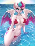 :3 agleo anthro big_breasts bikini bikini_bottom bikini_top black_eyeliner blue_eyes blue_hair breasts camel_toe cleavage clothed clothing cutie_mark equid equine eyebrows eyelashes eyeliner feathered_wings feathers female female_anthro hair hasbro hi_res looking_at_viewer makeup mammal mlp_g5 multicolored_hair multicolored_wings my_little_pony mythological_creature mythological_equine mythology nipple_outline pegasus purple_hair red_bikini red_bikini_bottom red_bikini_top red_clothing red_swimwear small_waist solo swimwear two-piece_swimsuit two_tone_hair water wide_hips wings zipp_storm_(mlp)
