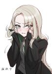  1girl black_robe black_skirt blonde_hair blush collared_shirt commentary diagonal-striped_clothes diagonal-striped_necktie genderswap genderswap_(mtf) green_necktie green_robe grey_eyes grey_sweater grey_sweater_vest harry_potter_(series) highres hogwarts_school_uniform holding_own_hair jacket long_hair long_sleeves looking_at_viewer malfoid miniskirt necktie pleated_skirt robe school_uniform shirt shuri_ri1220 simple_background skirt slytherin solo striped_clothes striped_necktie sweater sweater_vest tearing_up two-sided_fabric two-sided_robe two-tone_robe v-neck white_background white_shirt wizarding_world 