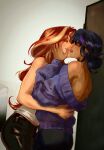  2girls absurdres back bare_arms black_hair black_pants blonde_streaks camisole cardigan cardigan_partially_removed closed_eyes commentary cowboy_shot dark-skinned_female dark_skin eyelashes from_side hair_bun hair_up hand_on_another's_cheek hand_on_another's_face highres humanization imminent_kiss mstrsarcastic multicolored_hair multiple_girls my_little_pony my_little_pony:_equestria_girls my_little_pony:_friendship_is_magic pants parted_lips profile purple_cardigan purple_streaks red_hair single_hair_bun spaghetti_strap standing streaked_hair sunset_shimmer sunset_shimmer_(human) toned toned_female twilight_sparkle twilight_sparkle_(human) wavy_hair white_camisole yuri 
