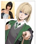  1girl alternate_hairstyle black_robe blonde_hair blunt_bangs bob_cut border collared_shirt diagonal-striped_clothes diagonal-striped_necktie earrings english_text genderswap genderswap_(mtf) green_necktie green_robe grey_eyes harry_potter_(series) highres hogwarts_school_uniform hoop_earrings jewelry malfoid mole mole_under_eye necktie parted_lips photo-referenced robe school_uniform shiren_(ourboy83) shirt short_hair simple_background single_earring slytherin solo striped_clothes striped_necktie two-sided_fabric two-sided_robe two-tone_robe white_border white_shirt wizarding_world 
