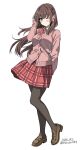  1girl absurdres blue_eyes blush bow breasts brown_hair brown_pantyhose brown_shoes cardigan collared_shirt commentary_request highres long_hair long_sleeves looking_at_viewer medium_breasts one_eye_closed original pantyhose pink_cardigan pleated_skirt red_skirt school_uniform shirt shoes simple_background skirt solo unasaka_ryou white_background white_shirt 