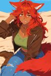  1girl ai-assisted animal_ear_fluff animal_ears archapxl belt between_legs blue_pants blush boots breasts brown_belt brown_boots brown_eyes brown_jacket cleavage commentary crop_top dark-skinned_female dark_skin day denim desert english_commentary fangs fox_ears fox_girl fox_tail green_shirt green_tank_top hair_between_eyes hand_between_own_legs highres jacket jeans large_breasts leather leather_jacket long_hair looking_at_viewer midriff open_clothes open_jacket open_mouth outdoors pants red_hair shirt sitting smile solo sweat sweatdrop tail tank_top terraria thick_eyebrows torn_clothes torn_jeans torn_pants twitter_username wariza zoologist_(terraria) 