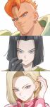  1girl 2boys akuto013 android_16 android_17 android_18 black_gloves black_hair blonde_hair blue_eyes closed_mouth commentary_request dragon_ball dragon_ball_z earrings gloves highres jewelry long_hair multiple_boys orange_hair simple_background smile white_background 