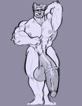 2023 abs absurd_res akita anthro balls barazoku barefoot bau_(melaisen) beard big_balls big_penis canid canine canis digital_drawing_(artwork) digital_media_(artwork) domestic_dog english_description eyewear eyewear_only facial_hair feet fist flaccid front_view full-length_portrait genitals glans glasses glasses_only grey_background greyscale hair hand_behind_head hand_behind_neck hand_behind_own_head hi_res huge_balls huge_penis humanoid_feet humanoid_genitalia humanoid_penis hybrid_genitalia hybrid_penis hyper hyper_balls hyper_genitalia hyper_penis male male_anthro mammal manly markings medial_ring medial_ringed_humanoid_penis medial_ringed_hybrid_penis melaisen mole_(marking) mole_under_eye monochrome muscular muscular_anthro muscular_male nude nude_anthro nude_male pecs penis plantigrade portrait rectangular_glasses simple_background smile solo spitz standing teeth vein veiny_arms veiny_pecs veiny_penis wearing_glasses