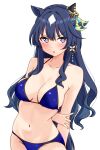 1girl absurdres animal_ears arm_behind_back bikini black_hair blue_bikini blush breasts cleavage collarbone commentary_request earrings hair_between_eyes hair_ornament halterneck highres horse_ears horse_girl jewelry long_hair looking_at_viewer medium_breasts mole mole_under_eye navel open_mouth purple_eyes renny_(seraphyfether) sidelocks simple_background solo standing string_bikini swimsuit triangle_bikini_top umamusume v-shaped_eyebrows verxina_(umamusume) white_background 
