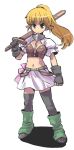  1girl black_gloves black_socks black_thighhighs blonde_hair boots commentary concept_art cropped_coat detached_sleeves earrings full_body gloves green_boots green_eyes high_ponytail holding holding_sword holding_weapon jewelry mack_(cyocorune) midriff original over_shoulder pointy_ears ponytail skirt smile smug socks sword sword_over_shoulder thighhighs weapon weapon_over_shoulder white_background white_skirt 