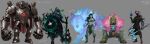  1boy 1girl 1other absurdres arm_guards armor axe black_hair black_robe black_tunic breastplate character_name colored_skin cube floating_hair full_body golem green_skin hand_up harrakfar_(monumenta) highres holding holding_axe holding_shield horns hycenea_(monumenta) long_hair magic monumenta paper_box pelvic_curtain pointy_ears robe ru'ten_(monumenta) samwell_(monumenta) second-party_source shield shoulder_armor silver_construct_(monumenta) skull spread_legs standing tunic vesperidys_(monumenta) wolf 