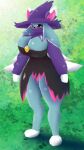 9:16 big_breasts blue_body blue_fur breasts clothed clothing eyelashes female fluffy fur hat headgear headwear hi_res katress nik0p00tat00 pal_(species) palworld pocketpair purple_body purple_fur simple_background solo thick_thighs white_body white_fur