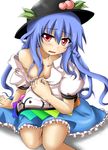  blue_hair flat_chest food fruit hat hinanawi_tenshi hirayama-h long_hair peach red_eyes solo touhou 