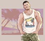  1boy absurdres beach_print beard_stubble blue_eyes brown_hair chest_hair commentary cowboy_shot english_commentary facial_hair grand_theft_auto grand_theft_auto_vi green_shorts highres jason_duval jewelry looking_at_viewer male_focus muscular muscular_arms muscular_male necklace ocean palm_tree rondeniro short_hair shorts stubble sunset tank_top tree very_short_hair white_tank_top 