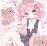  1girl ascot bandaid bandaid_on_cheek bandaid_on_face black_bow black_skirt black_vest blush bow candy cardigan closed_mouth collared_shirt commentary_request dot_nose double-parted_bangs feet_out_of_frame food gauze_on_knee hair_between_eyes hair_bow highres hinase01 holding holding_candy holding_food holding_lollipop inu_x_boku_ss knees_up lollipop open_cardigan open_clothes pink_bow pink_cardigan pink_eyes pink_hair polka_dot polka_dot_bow roromiya_karuta shirt short_hair sitting skirt solo twintails vest white_ascot white_shirt 