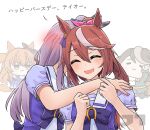  4girls :d ^_^ absurdres blush bow bowtie brown_hair closed_eyes commentary_request ear_bow ear_ornament green_bow hair_bow high-ended_braid highres hug jitome jtleeklm long_hair mayano_top_gun_(umamusume) mejiro_mcqueen_(umamusume) multicolored_hair multiple_girls open_mouth orange_eyes orange_hair pink_bow ponytail puffy_short_sleeves puffy_sleeves purple_bow purple_bowtie purple_eyes purple_shirt sailor_collar school_uniform shirt short_sleeves simple_background smile streaked_hair symboli_rudolf_(emperor's_path)_(umamusume) symboli_rudolf_(umamusume) tokai_teio_(umamusume) tracen_school_uniform translation_request umamusume umamusume_tanuki upper_body white_background white_sailor_collar white_streaks yuri 