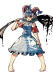  1girl absurdres bare_shoulders barefoot blue_dress blue_ribbon commentary curly_hair curved_horns detached_sleeves dot_nose dress eye_print frilled_dress frills full_body grey_hair hand_up highres holding holding_spork horn_ornament horn_ribbon horns legs_apart looking_at_viewer meandros open_mouth oversized_object petroleum pigeon-toed pointy_ears red_horns red_sleeves ribbon ribbon-trimmed_dress ribbon-trimmed_sleeves ribbon_trim screentones sharp_teeth sheep_horns short_hair short_sleeves simple_background smile solo spork standing sulky_(pixiv_115559301) teeth touhou toutetsu_yuuma upper_teeth_only utensil white_background yellow_eyes 