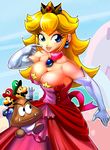  2boys bare_shoulders blonde_hair blue_eyes bokuman breasts choker cleavage crown dress earrings elbow_gloves gloves goomba jewelry large_breasts lips long_hair luigi mario mario_(series) multiple_boys pasties pink_dress princess_peach smile starman_(mario) strapless strapless_dress super_mario_bros. 