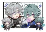  2boys ? ahoge aoaoahohoc armor belt black_belt black_boots black_choker black_gloves black_jacket black_pants black_shirt blowing_bubble_gum blue_eyes blue_shirt boots border bright_pupils brown_hair brown_jacket cape checkered_background chest_belt chewing_gum chibi chibi_inset choker closed_mouth collared_shirt commentary_request crossed_bangs dagger earrings empty_eyes full_body furry furry_male genshin_impact gloves gradient_hair green_hair grey_hair hair_between_eyes hand_up highres holding holding_dagger holding_knife holding_lantern holding_weapon illuga_(genshin_impact) jacket jewelry knee_pads knife lantern lapels lohen_(genshin_impact) long_sleeves looking_at_viewer male_focus mole mole_under_eye multicolored_hair multiple_boys musical_note notice_lines open_clothes open_jacket open_mouth outside_border pants pink_eyes puffy_long_sleeves puffy_sleeves purple_cape shirt short_hair shoulder_armor single_earring sitting smile speech_bubble spoken_musical_note spoken_sweatdrop spread_legs striped_cape sweatdrop sweater thigh_boots thigh_strap turtleneck turtleneck_shirt turtleneck_sweater two-tone_hair upper_body weapon white_background white_boots white_border white_pants white_pupils white_sweater 
