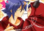  2boys ^^^ blue_hair blush brodie_(pokemon) capelet character_name closed_eyes commentary_request couple english_text facial_mark fake_horns food food_in_mouth hair_between_eyes heart heart_of_string holding_hands hood hood_up horns imminent_kiss male_focus medium_hair mihaku_(colorfulcheese) multicolored_hair multiple_boys orange_background orange_hair outline plaid_background pocky pocky_in_mouth pocky_kiss pokemon pokemon_(anime) pokemon_the_series:_ruby_and_sapphire red_capelet shared_food spiked_hair streaked_hair tabitha_(pokemon) two-tone_hair white_background white_outline yaoi yellow_background 