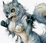 absurd_res anthro black_nose breasts canid canine claws colored ears_up eyelashes female fur grin hair hi_res mammal multicolored_body multicolored_fur multicolored_hair nipples pawpads paws raised_paw raised_tail scar simple_background smile solo tail white_background wldhow wool_(fur) wool_hair yellow_eyes