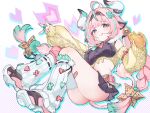  1girl :p ahoge animal_ears aqua_hair bandages bell black_skirt blush braid commentary_request cow_ears cow_girl cow_tail cowbell detached_sleeves food genshin_impact hair_intakes hairband heart highres holding holding_food horns kingyo_(nyankomanjyuu15) leg_warmers looking_at_viewer multicolored_hair pink_hair purple_eyes shoes single_thighhigh skirt smile sneakers taco tail thighhighs tongue tongue_out twin_braids varesa_(genshin_impact) 