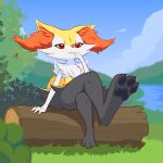 1:1 3_toes ambiguous/ambiguous ambiguous_gender anthro bite braixen canid canine eyelashes fangs feet female_(lore) finger_bite finger_in_mouth fluffy forest fox fur generation_6_pokemon hi_res looking_at_viewer mammal mouth_closed nature_background nintendo orange_body orange_fur outside pawpads paws plant pokemon pokemon_(species) red_eyes renbxn river sitting sky smile snout solo teeth toes tree white_body white_fur yellow_body yellow_fur