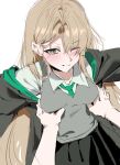  1girl 1other absurdres black_robe black_skirt blonde_hair blush breasts collared_shirt commentary diagonal-striped_clothes diagonal-striped_necktie genderswap genderswap_(mtf) grabbing_another's_breast green_eyes green_necktie green_robe grey_sweater_vest groping harry_potter_(series) highres hogwarts_school_uniform long_hair looking_at_viewer malfoid medium_breasts necktie one_eye_closed pleated_skirt robe s19730677 school_uniform shirt simple_background skirt slytherin striped_clothes striped_necktie sweater_vest two-sided_fabric two-sided_robe two-tone_robe white_background white_shirt wizarding_world 