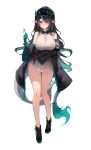  1girl absurdres alternate_breast_size_(larger) ankle_boots aqua_boots aqua_hair aqua_horns arknights arm_under_breasts bare_shoulders black_boots black_hair black_jacket blush boots bottomless breasts brown_eyes cleavage cleavage_cutout closed_mouth clothing_cutout colored_extremities cross cross_pasties dragon_girl dragon_horns dragon_tail dress dusk_(arknights) earrings eastern_dragon_horns eastern_dragon_tail embarrassed eyes_visible_through_hair full_body green_hands hair_over_one_eye highres holding holding_brush horns huge_breasts jacket jewelry legs long_hair long_sleeves multicolored_boots multicolored_hair open_clothes open_jacket pasties pointy_ears pussy see-through_clothes see-through_dress simple_background solo tail torn_clothes torn_dress two-tone_boots two-tone_hair white_dress yuki_(yuki_yu_owo) 