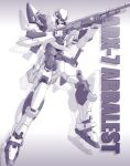  arm_slave_(mecha) arx-7_arbalest character_name commentary_request full_body full_metal_panic! glowing glowing_eye gradient_background green_eyes greyscale gun holding holding_gun holding_weapon holstered kimizuka_aoi knife looking_at_viewer looking_down mecha mecha_focus monochrome no_humans robot science_fiction shotgun simple_background solo weapon white_background zoom_layer 