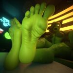 1:1 2026 3d_(artwork) absurd_res anthro arcade breasts close-up clothed clothing digital_media_(artwork) electronic_arts elemental_creature elemental_humanoid feet female fingers flora_fauna foot_fetish foot_focus foot_on_table freckles furniture glistening glistening_feet glowing glowing_eyes green_body hair hair_over_eye hi_res humanoid humanoid_feet leaf leaf_hair looking_at_viewer n00b-body neon peablaze_(leafpaw) peashooter_(pvz) plant plant_hair plant_humanoid plantigrade plants_vs._zombies popcap_games pseudo_hair soles solo table toes yellow_eyes