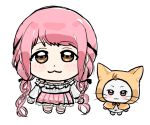  1girl :3 absurdly_long_hair ahoge animal black_bow black_ribbon blush_stickers bow bowtie bra_strap brown_eyes buttons cat center_frills chibi chinese_commentary cloak closed_mouth clothed_animal commentary_request dot_nose ear_covers frilled_shirt frilled_skirt frilled_sleeves frills hair_bow hair_ribbon highres hood hood_up hooded_cloak infinity_nikki laibeibingnatie87107 layered_skirt long_hair long_sidelocks long_sleeves looking_at_viewer low_twintails mary_janes medium_skirt momo_(nikki) nikki_(nikki) nikki_(series) off-shoulder_shirt off_shoulder perfect_start_(infinity_nikki) pink_hair pink_shoes pink_skirt pleated_skirt print_skirt puffy_long_sleeves puffy_sleeves red_bow red_bowtie ribbon shirt shoes sidelocks simple_background skirt smile snowflake_print snowflakes standing straight-on traditional_bowtie tress_ribbon twintails very_long_hair wavy_hair white_background white_cat white_shirt white_skirt x_navel yellow_cloak 