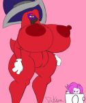 anthro big_breasts blue_eyes breasts clothing duo eyewear female genitals glasses hat headgear headwear hi-rez_studios huge_breasts lagomorph leporid male mammal moji_(paladins) nipples paladins_(game) rabbit red_body red_nipples riku9797 thick_thighs vulva