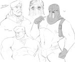  2boys abs absurdres anger_vein angry backpack bag bara beard beret broad_shoulders call_of_duty chest_tuft declan_o_conor facial_hair full_beard gloves hat highres konig_(call_of_duty) looking_at_viewer looking_to_the_side mask multiple_boys muscular muscular_male navel nipples pants quietscrappy scarf simple_background sketch thick_neck topless_male v-taper white_background 
