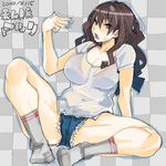  blue_nails bra breasts brown_hair large_breasts lingerie matsuri_(teriyaki) nail_polish original plump see-through sitting socks solo sweat teriyaki thick_thighs thighs tube_socks underwear 