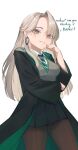  1girl absurdres black_robe black_skirt blonde_hair blush breasts collared_shirt commentary diagonal-striped_clothes diagonal-striped_necktie earrings english_text genderswap genderswap_(mtf) green_eyes green_necktie green_robe grey_sweater grey_sweater_vest harry_potter_(series) highres hogwarts_school_uniform hoop_earrings hoshino_aoi_(la_huynh_hai_than) jacket jewelry long_hair long_sleeves malfoid medium_breasts miniskirt necktie pantyhose pleated_skirt robe school_uniform shirt simple_background skirt slytherin smile solo striped_clothes striped_necktie sweater sweater_vest two-sided_fabric two-sided_robe two-tone_robe v-neck white_background white_shirt wizarding_world 