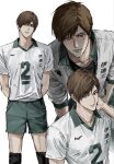  1boy brown_eyes brown_hair futakuchi_kenji green_shorts haikyuu!! hair_between_eyes highres jacket knee_pads looking_at_viewer male_focus multiple_views short_hair shorts simple_background sportswear sso_s sweat track_jacket volleyball_uniform white_background 
