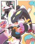 4:5 absurd_res anal_beads anthro aroused biped bipedal_feral black_body black_fur blep blue_body blush blush_stickers blushing_profusely bodily_fluids cel_shading censored censored_dildo censored_sex_toy comic condom_wrapper countershading cutaway digital_drawing_(artwork) digital_media_(artwork) dildo dot_eyes duo dupin_(pal) expression_cutaway female female_anthro feral flustered front_view fur hi_res looking_at_another magic magician_hat male male_feral mochimochi39mo multicolored_body multicolored_fur navel open_mouth pal_(species) palworld pocketpair relaxaurus right_to_left sex_toy shaded simple_eyes slim slim_anthro slim_female sweat tan_body tan_countershading tongue tongue_out two_tone_body two_tone_fur vibrator walking_stick white_body white_fur yellow_eyes
