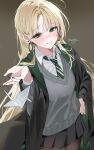  1girl absurdres black_nails black_pantyhose black_skirt blonde_hair blush commentary diagonal-striped_clothes diagonal-striped_necktie earrings english_commentary genderswap genderswap_(mtf) green_eyes grin hailiu hand_on_own_hip harry_potter_(series) highres hogwarts_school_uniform jewelry long_hair looking_at_viewer malfoid necktie pantyhose pleated_skirt robe school_uniform skirt smile solo striped_clothes striped_necktie wizarding_world 