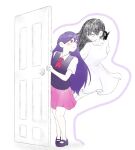  2girls black_hair black_shoes black_sweater_vest blush closed_mouth collared_shirt colored_skin commentary_request door double-parted_bangs dress dual_persona hair_behind_ear hair_between_eyes highres invisible_floor long_hair mari_(headspace)_(omori) mari_(omori) mari_(spirit)_(omori) multiple_girls neckerchief omori purple_eyes purple_hair red_neckerchief red_skirt revision shirt shoes short_sleeves simple_background skirt something_(omori) spoilers standing sweater_vest tsu_kaeki06 white_background white_dress white_eyes white_shirt white_skin 