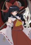  1girl ascot black_hair bow chest_sarashi commentary_request detached_sleeves gohei hair_bow hair_tubes hakurei_reimu highres kouten long_hair looking_at_viewer open_mouth red_bow red_eyes red_shirt red_skirt ribbon-trimmed_sleeves ribbon_trim sarashi shirt skirt skirt_set solo touhou white_bow yellow_ascot 