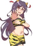  1girl absurdres alternate_costume animal_print ayuyu_yuka03 bandeau black_hair black_trim blush breasts commentary_request cone_horns cowboy_shot embarrassed fur-trimmed_bandeau fur-trimmed_skirt fur_trim groin hair_between_eyes hands_up highres horn_ornament horn_ribbon horns long_hair navel nippaku_zanmu nose_blush oni open_hand open_mouth outstretched_arm red_eyes red_ribbon ribbon setsubun sidelocks simple_background skirt small_breasts small_horns solo split_mouth standing stomach tassel tiger_print touhou variant_set very_long_hair wavy_mouth white_background wristband yellow_bandeau yellow_horns yellow_skirt 