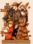  1girl 2boys american_clothes american_flag ar-15 baseball_cap beard_stubble bible_(object) black_nails black_pants blonde_hair blue_eyes book bow brown_dress brown_jacket child clothing_request cowboy_shot cross dress eschatonicism facial_hair father_and_child father_and_son feet_out_of_frame flag_patch from_side gun hair_bow hat highres holding holding_book holding_gun holding_weapon hood hooded_jacket husband_and_wife jacket leaf leather_belt looking_ahead looking_at_viewer maple_leaf mother_and_child mother_and_son multiple_boys mustache original over_shoulder pants parent_and_child patch profile red_shirt rifle scope shirt soldier stubble thanksgiving weapon weapon_over_shoulder 