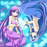  2girls armlet bare_shoulders bikini blue_bikini blue_eyes blue_hair blush breasts bubble caren_(mermaid_melody_pichi_pichi_pitch) cleavage collarbone commentary cropped_legs cropped_tail earrings english_commentary heart highres jewelry long_hair looking_at_viewer mamono_with_mamono medium_breasts merfolk merfolk_with_merfolk mermaid mermaid_melody_pichi_pichi_pitch miru monster_girl multiple_girls navel necklace noel_(mermaid_melody_pichi_pichi_pitch) pendant_earrings purple_bikini purple_eyes purple_hair seashell shell shell_bikini shell_earrings shell_necklace small_breasts swimsuit 