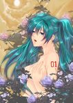  absurdres aqua_hair areolae blue_eyes breasts convenient_censoring covering covering_breasts flower green_hair hand_on_own_chest hatsune_miku highres holding long_hair medium_breasts mintes nipples nude open_mouth pink_flower pink_rose rose solo tattoo twintails upper_body vocaloid 