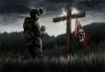  1boy backpack bag balaclava black_mask boots cargo_pants closed_eyes commentary commission cross english_commentary eschatonicism evening flag_patch forest german_commentary gloves grass helmet hood hooded_jacket interlocked_fingers jacket kneeling mask nature nazi nazi_flag original own_hands_together pants patch praying signature soldier solo tactical_gloves tall_grass 