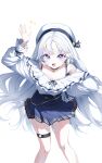  1girl absurdres aoba_nene ayatsuno_yuni beret black_bra black_choker blue_skirt bra bra_strap bracelet breasts choker cleavage cross-shaped_pupils frilled_shirt frills hand_on_own_hip hat high-waist_skirt highres jewelry knees long_hair long_sleeves o-ring o-ring_thigh_strap open_mouth pleated_skirt purple_eyes shirt simple_background single_off_shoulder skirt solo stellive symbol-shaped_pupils thigh_strap underwear very_long_hair virtual_youtuber white_background white_hair white_hat white_shirt 